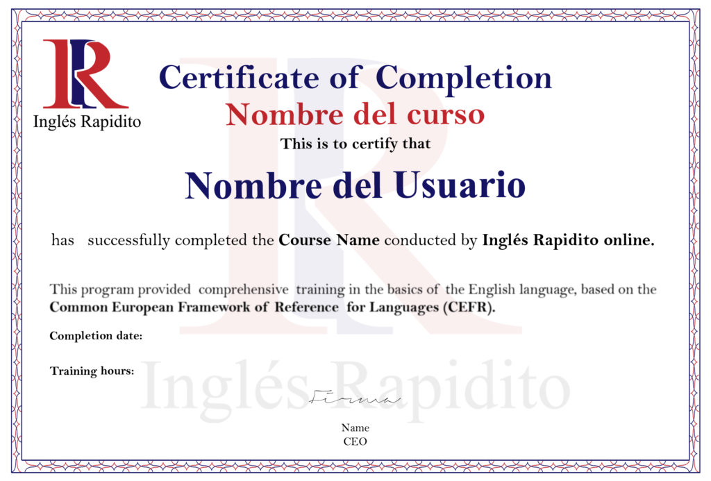 Certificado de muestra. 
Inglesrapidito.com